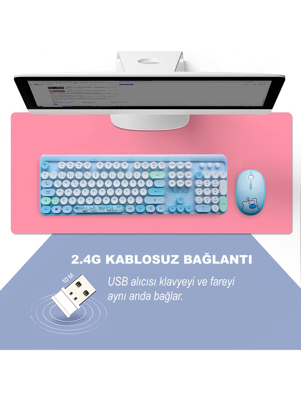 Mofii Hellobear Yuvarlak Tuşlu Ayıcık Desenli Kablosuz Mavi Klavye Mouse Set